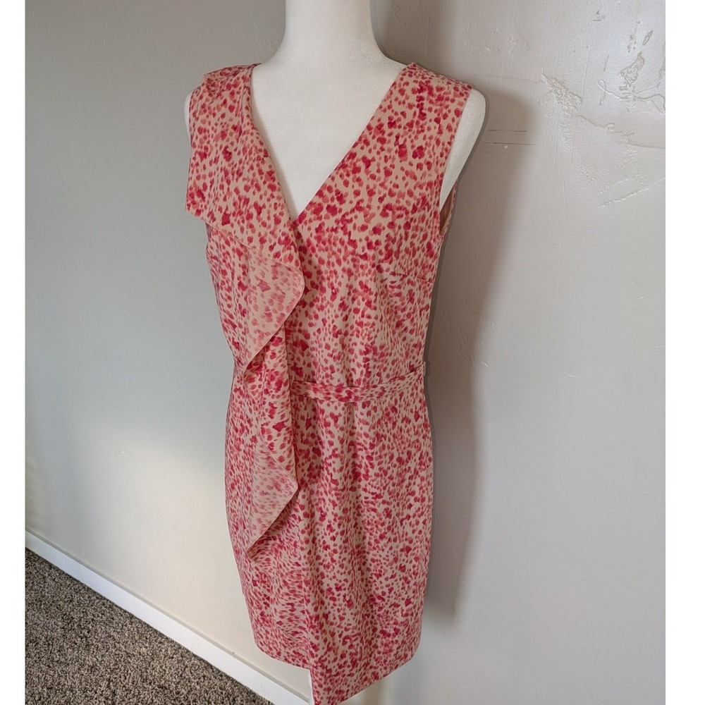 Ann Taylor Sheath Dress Women 6 Pink Peach Ruffle Front Sleeveless V-Neck Lined